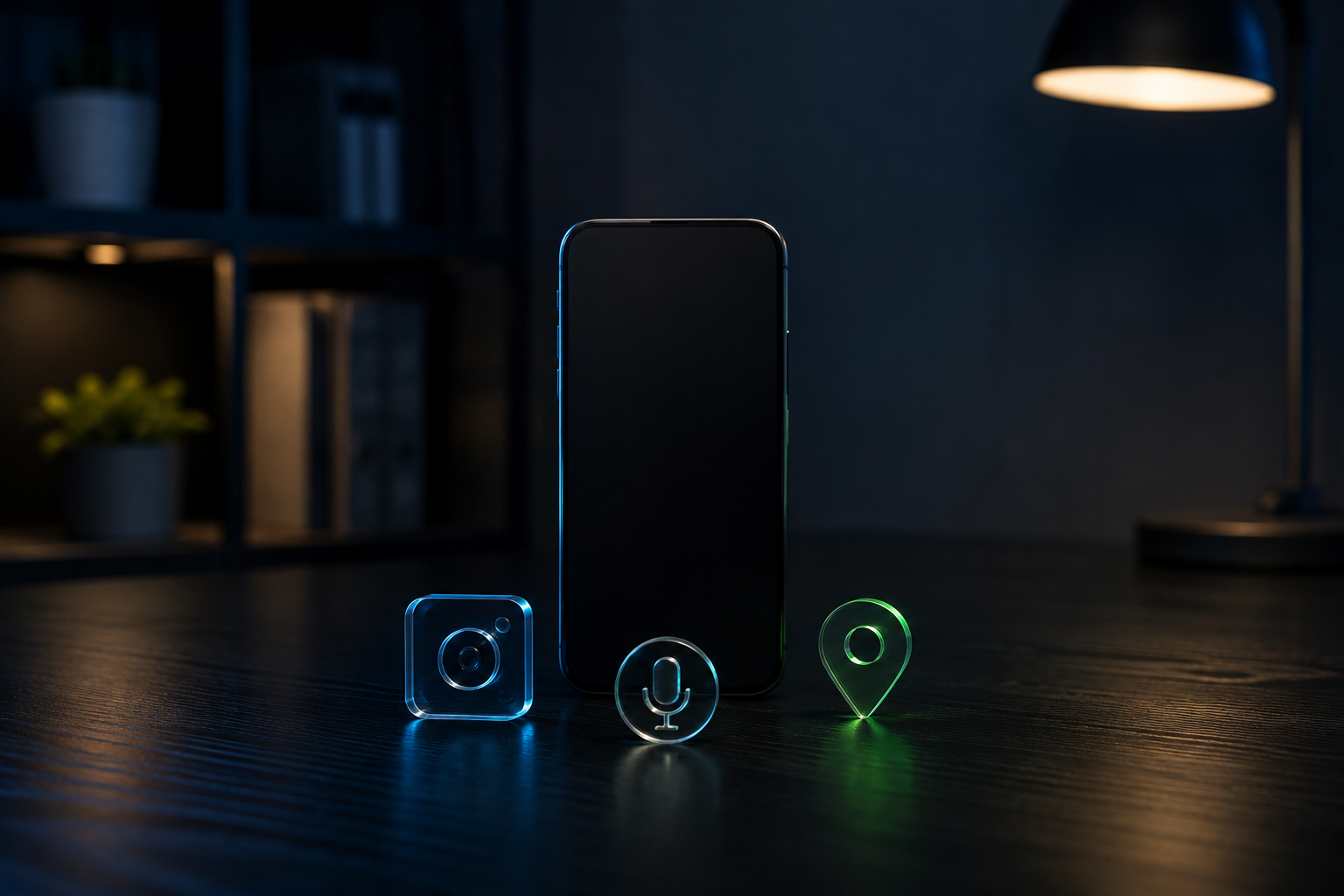 Unbranded phone with physical tokens representing camera, microphone, and location permissions