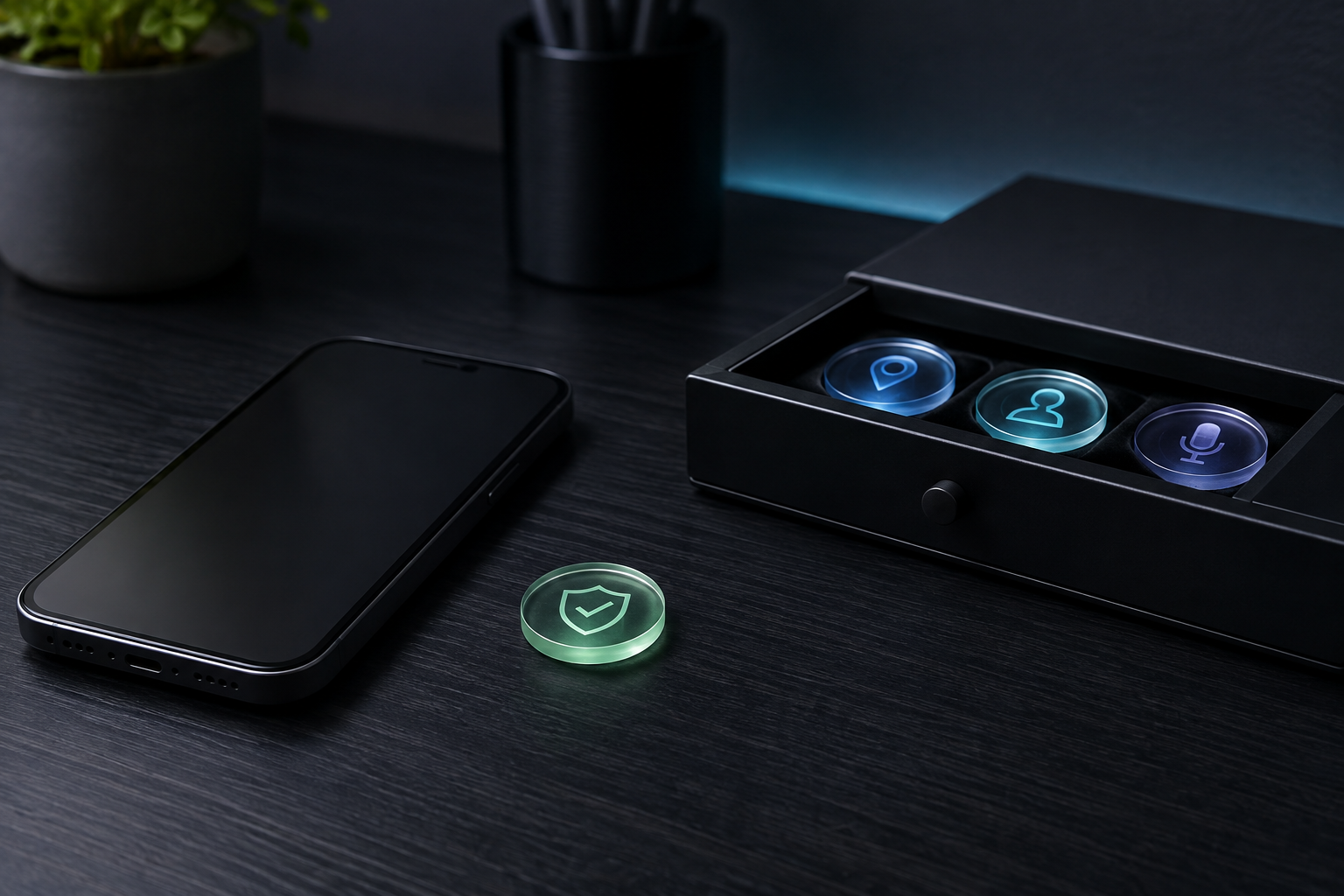 Unbranded phone beside permission tokens separated into an organizer