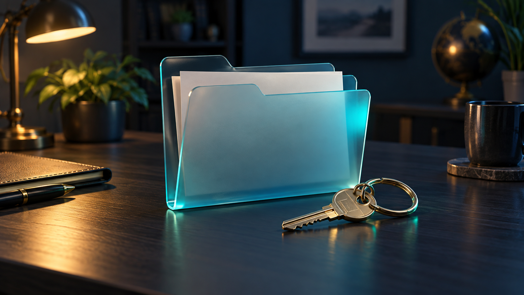 Translucent document folder beside a metal key and linked rings on a dark desk