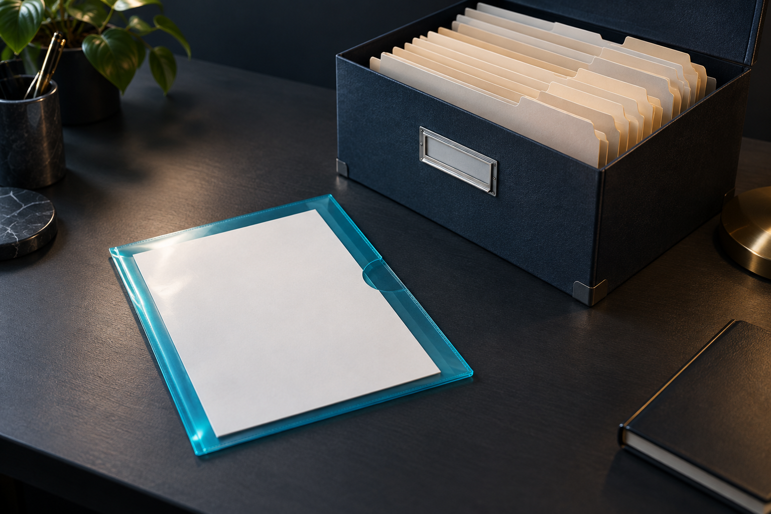 Single blank document in a cyan sleeve separated from a box containing many folders