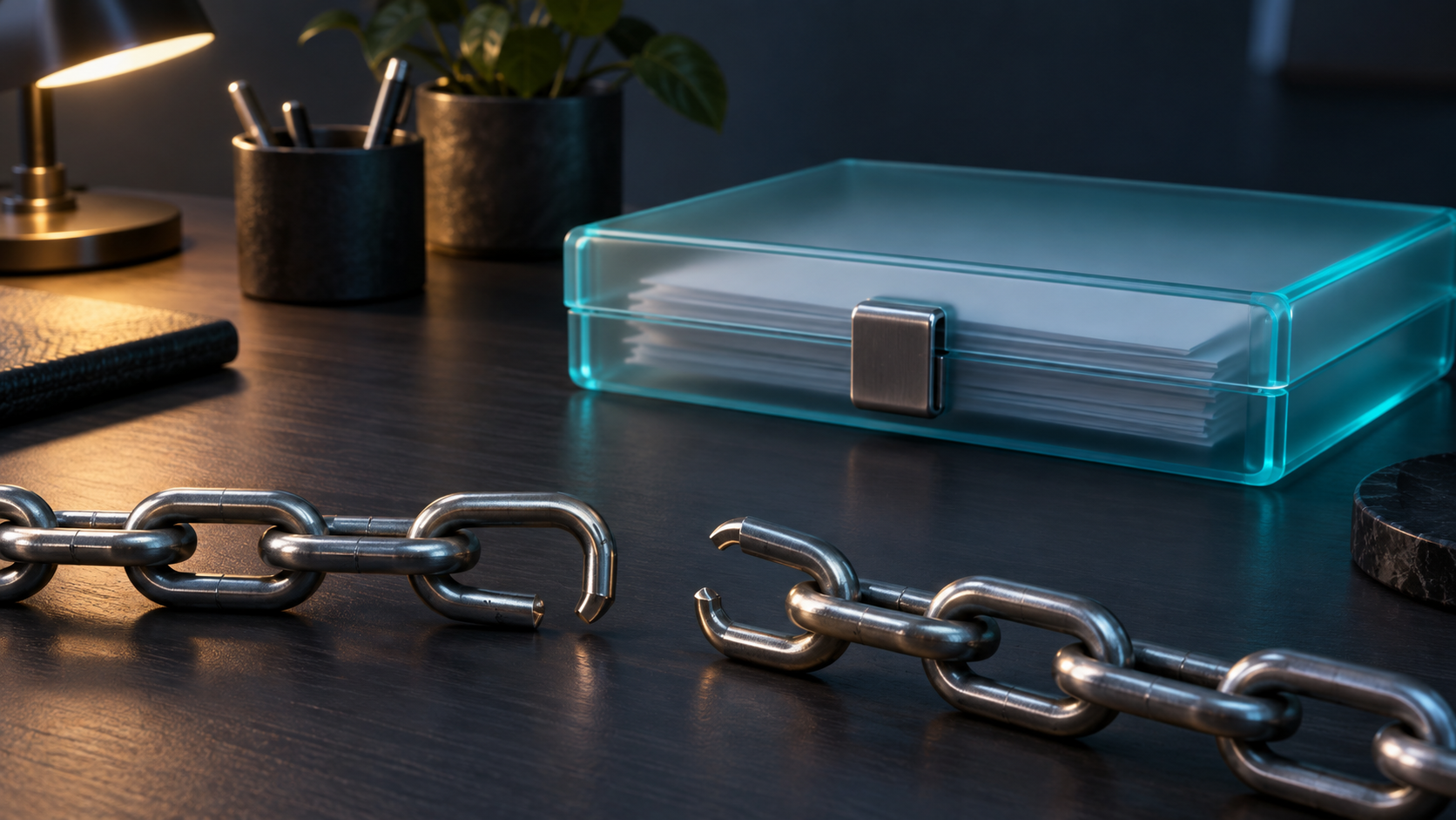Separated metal chain sections beside a closed cyan document case