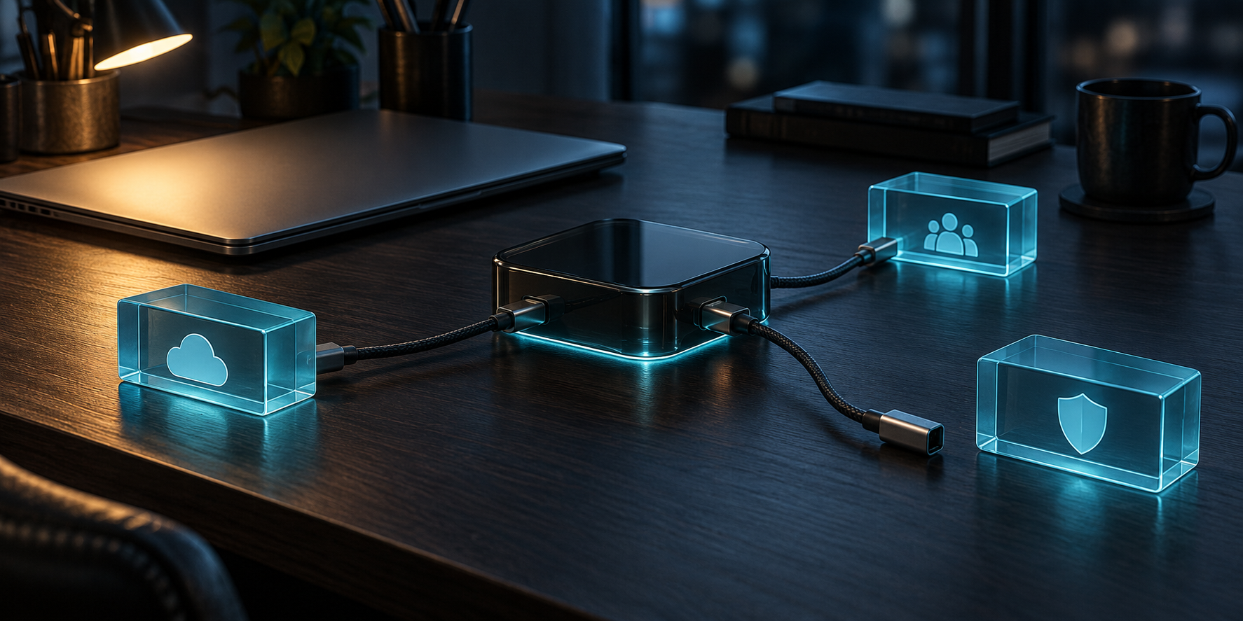 Closed laptop beside a central hub and three cyan app blocks, with one cable disconnected