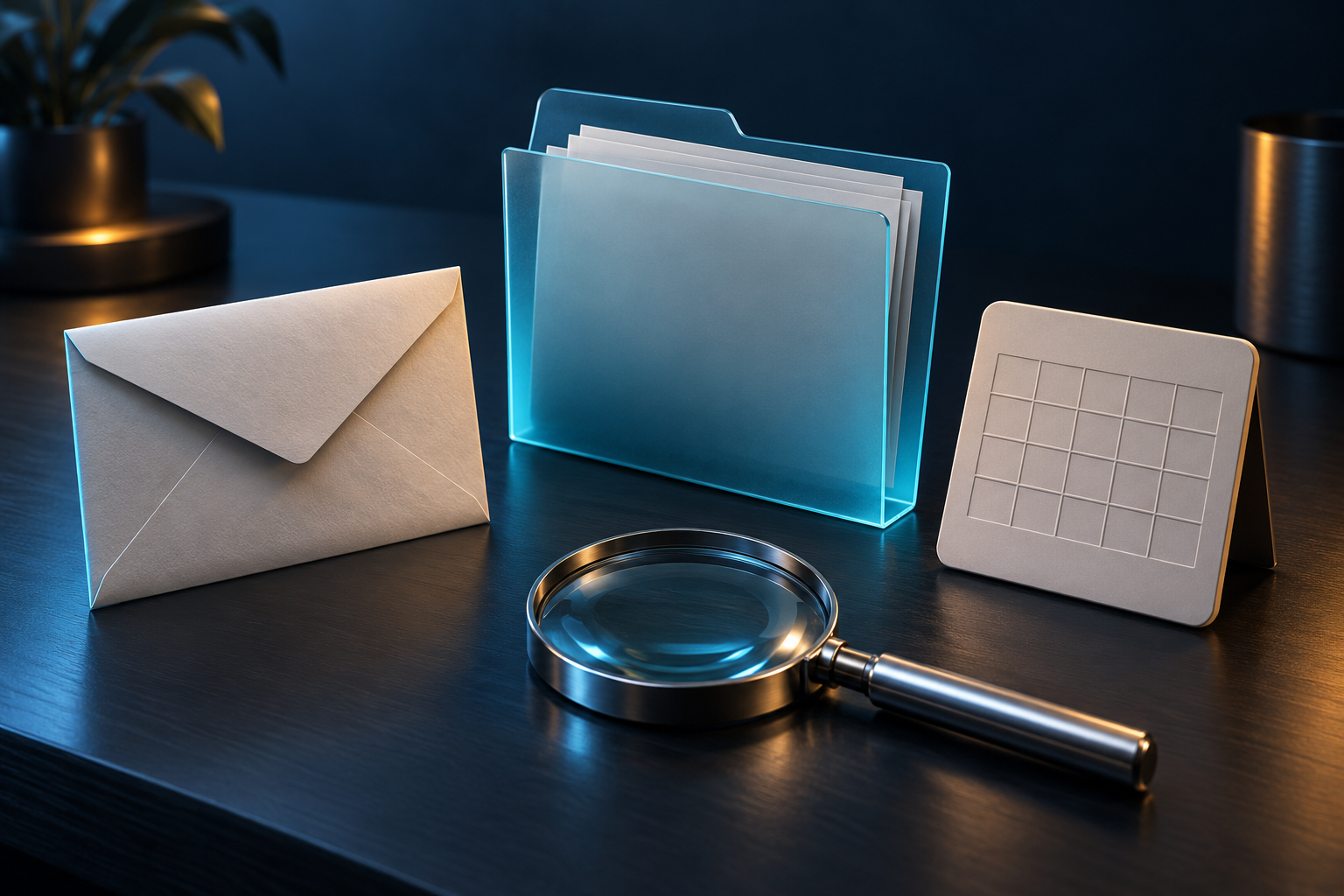 Blank envelope, cyan document folder, and undated calendar tile beside a magnifying glass