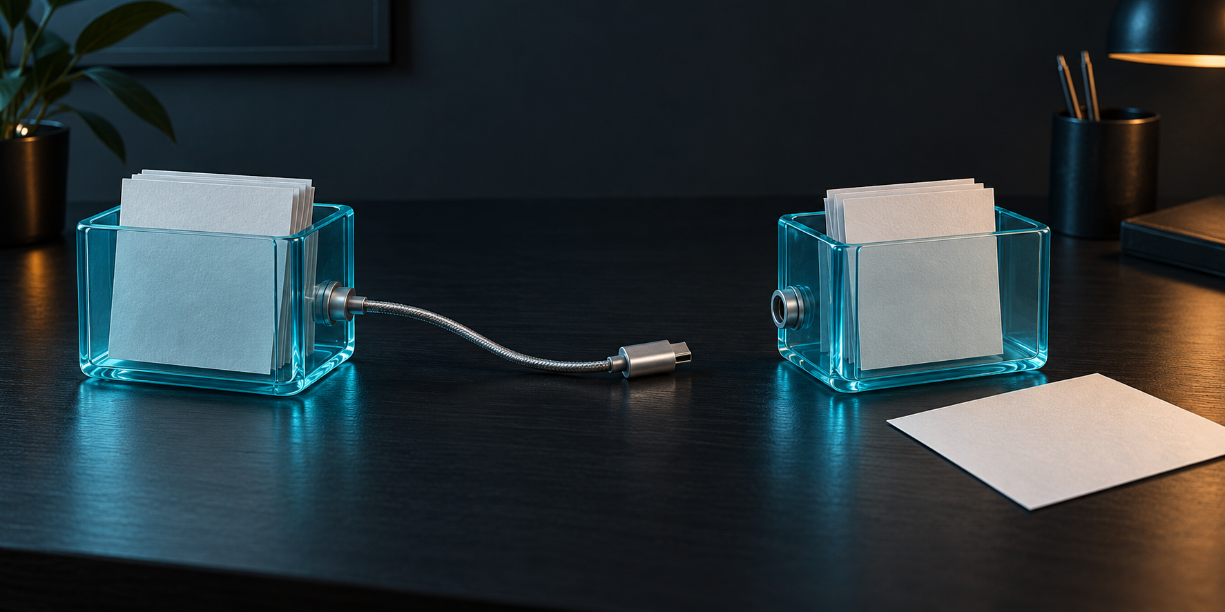 Two cyan document cases separated by an unplugged cable, with a paper copy beside the second case