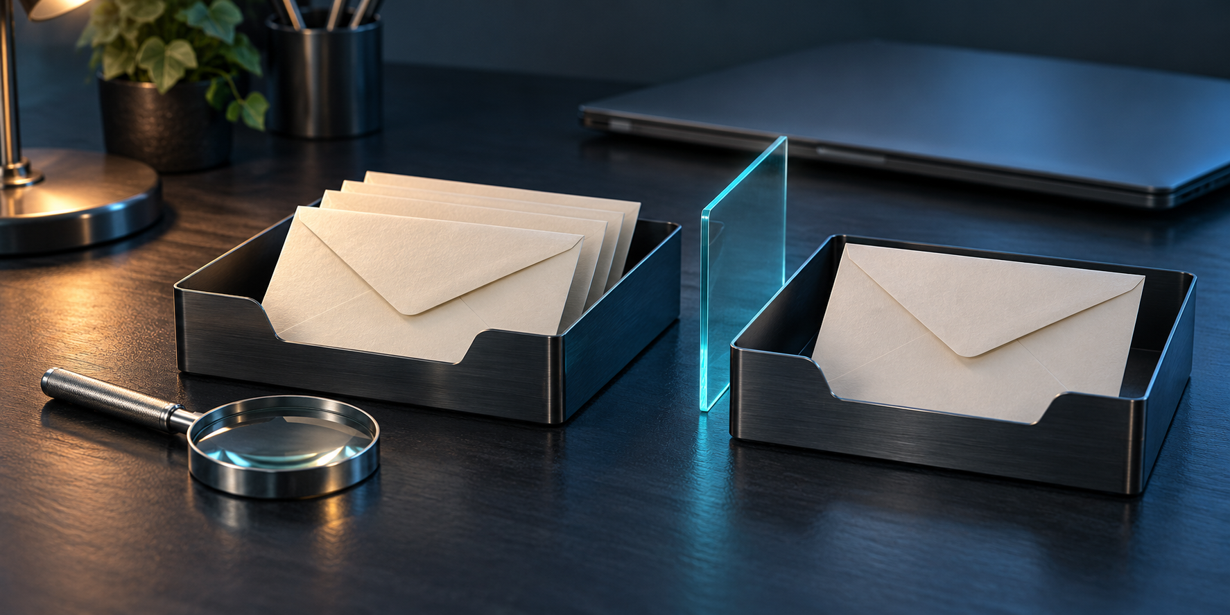 Two metal mail trays holding blank envelopes, separated by a cyan divider beside a magnifying glass