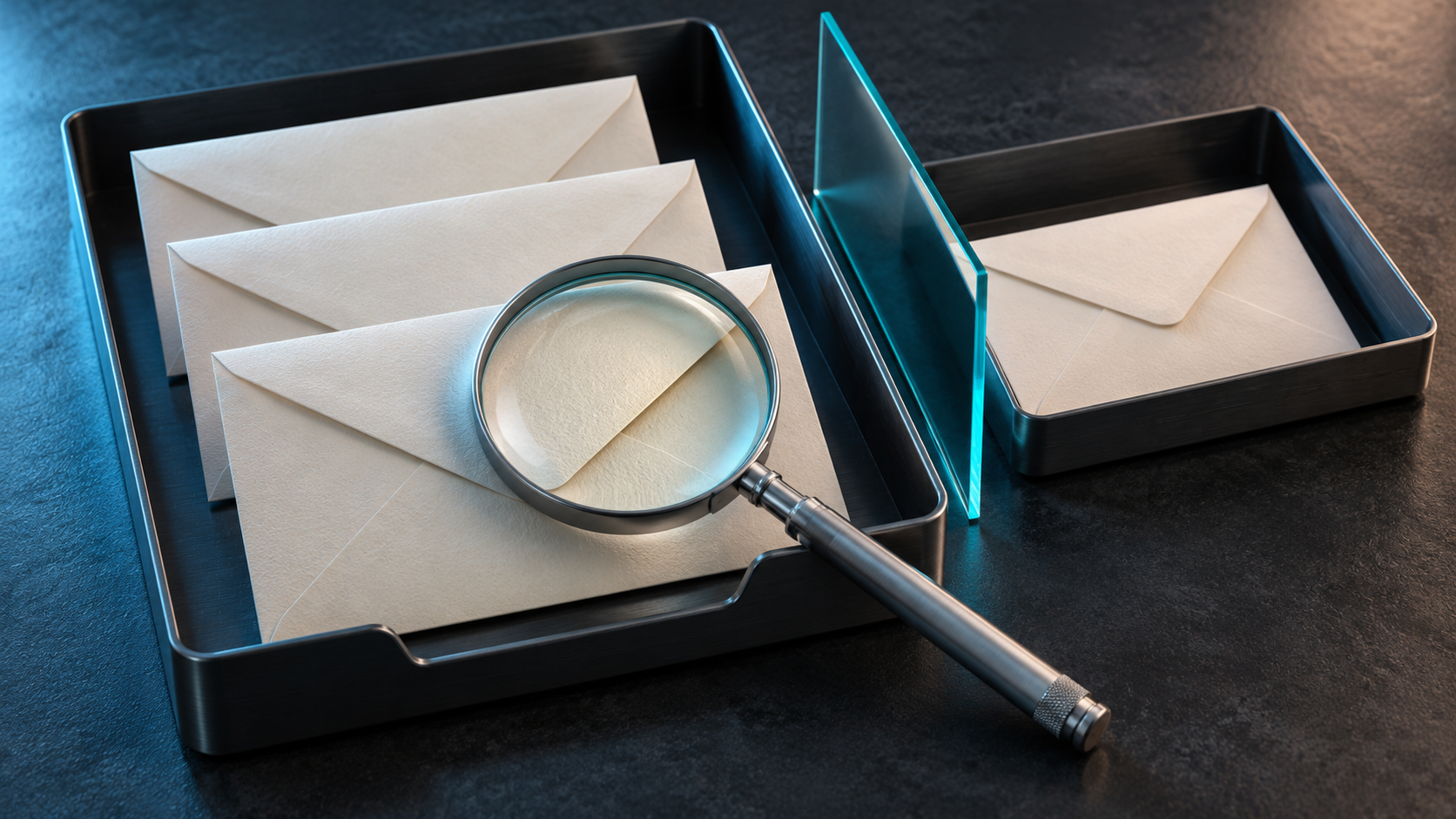 Magnifying glass over a blank envelope in a sorting tray beside a separate tray