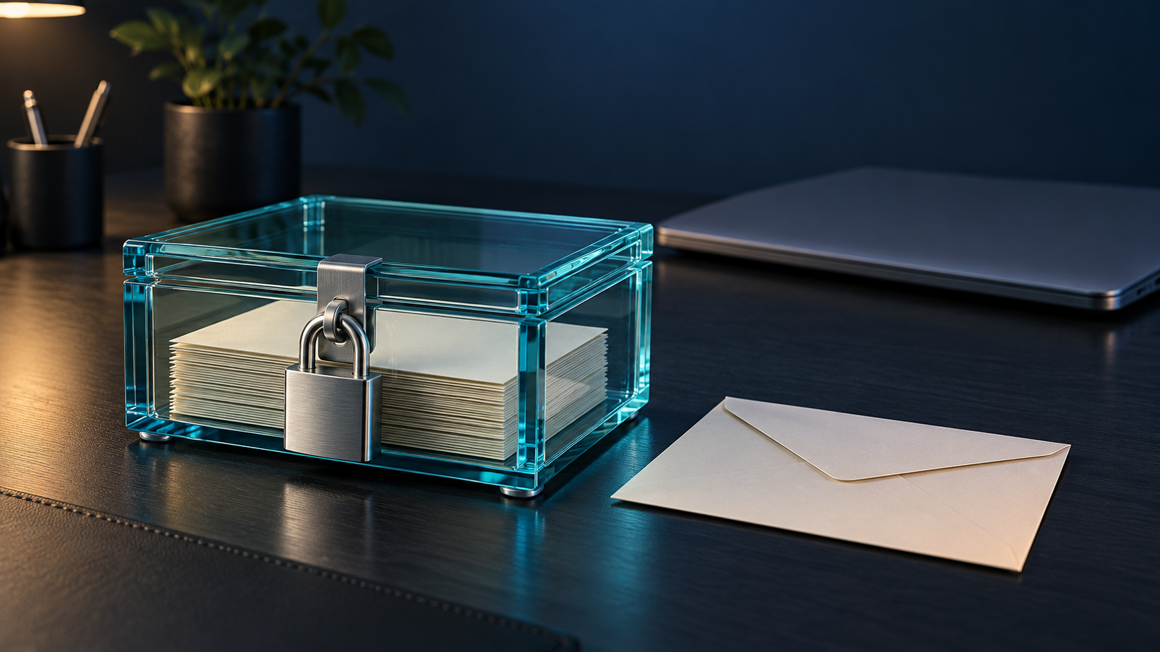 Locked cyan document case holding blank cards beside an envelope and a separate closed laptop