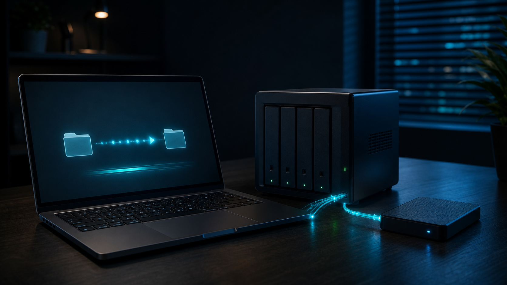 Laptop, network storage, and external drive prepared for a backup restore test