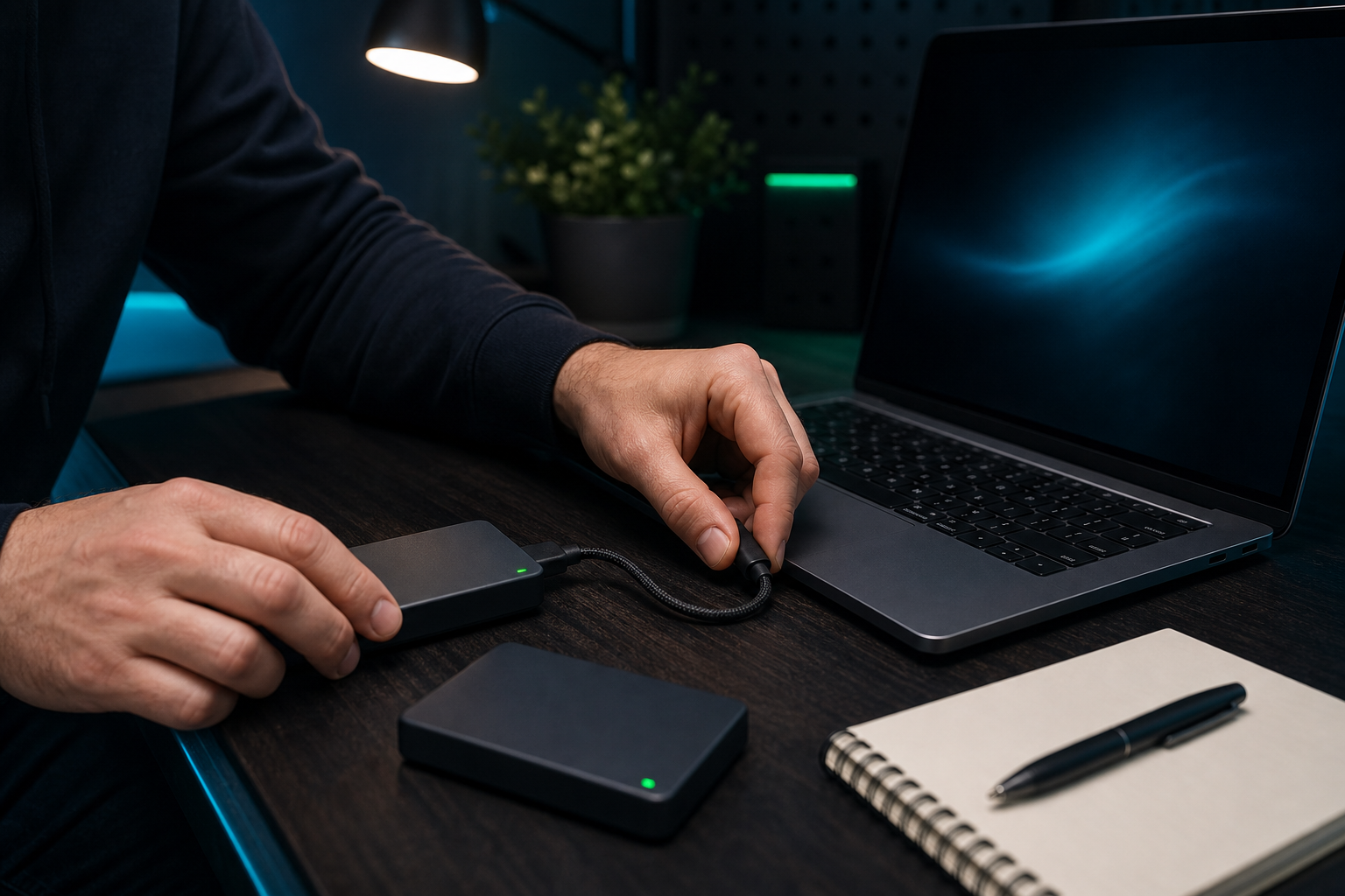 Connecting a backup drive to a clean laptop for a controlled restore