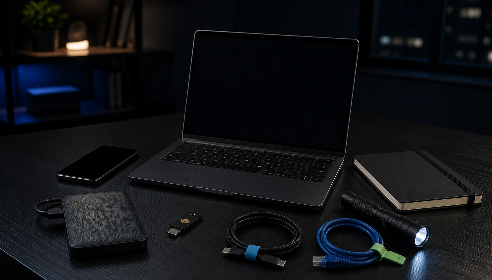 Personal cybersecurity incident response kit arranged on a home office desk