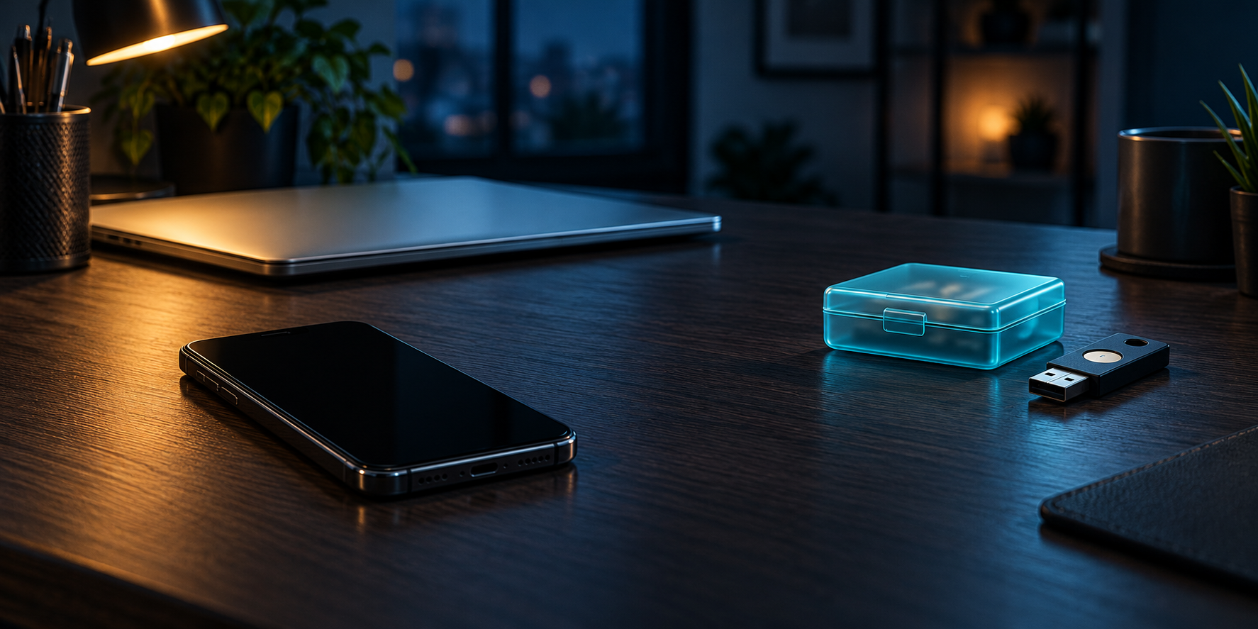 Dark-screen phone separated from a closed laptop, cyan document case, and USB security key
