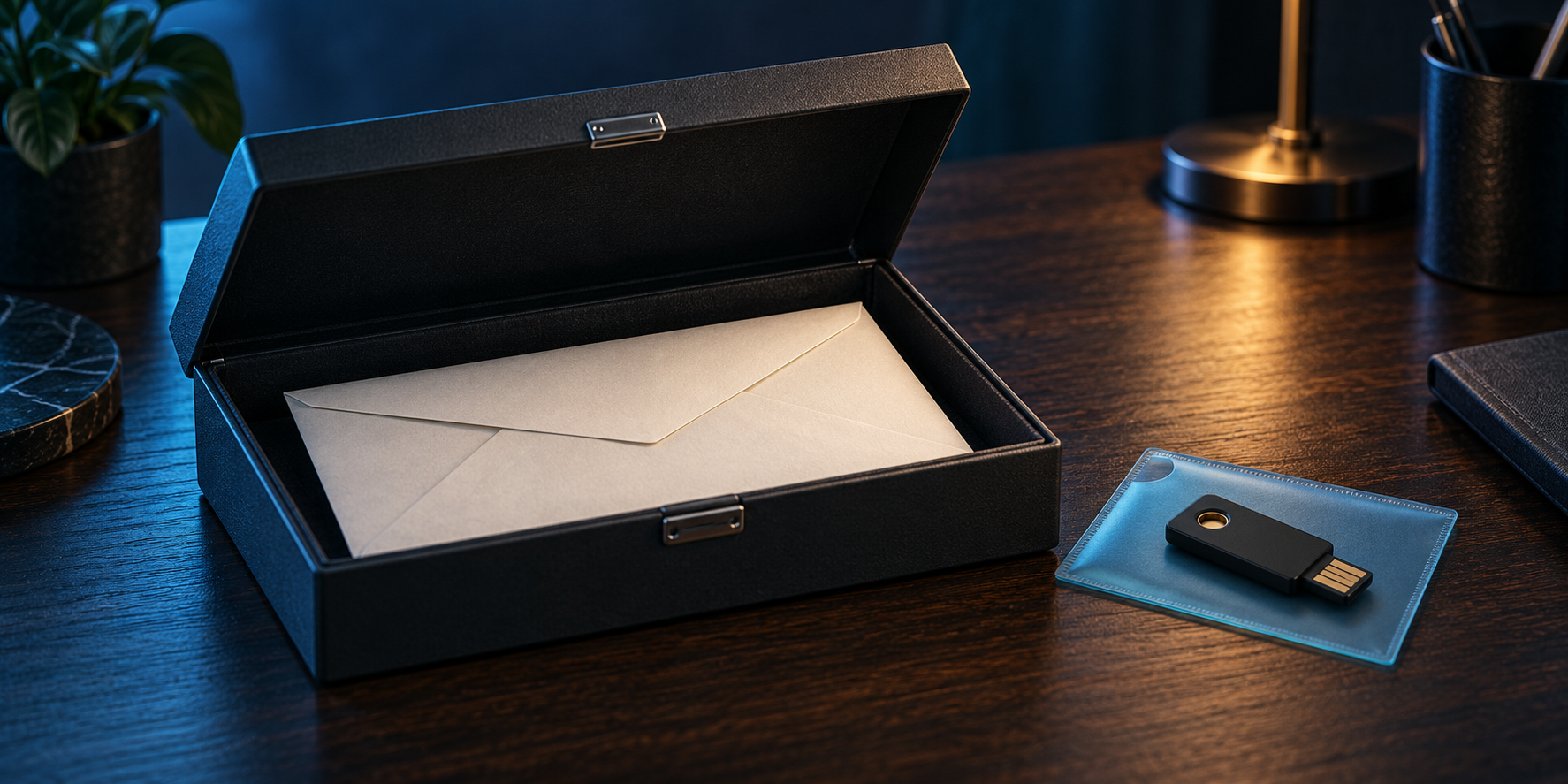 Blank sealed envelope in a document box beside a USB security key on a cyan sleeve
