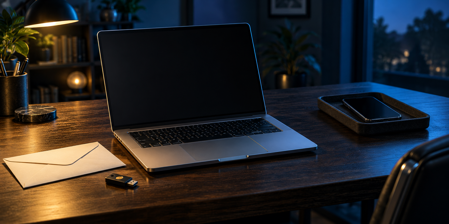Open laptop beside an envelope and USB security key, with the phone set apart in a tray