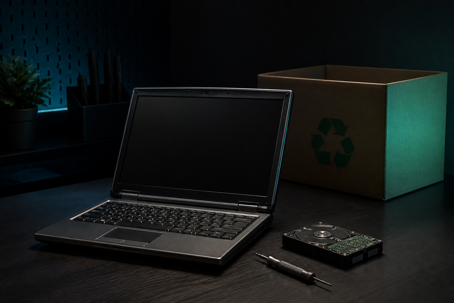 Old laptop and storage drive prepared for secure retirement