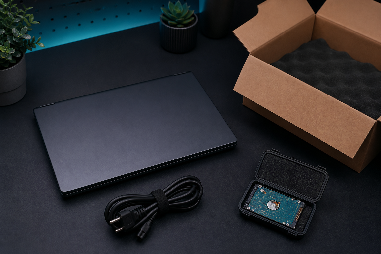 Erased laptop, accessories, and retained storage prepared for responsible handoff