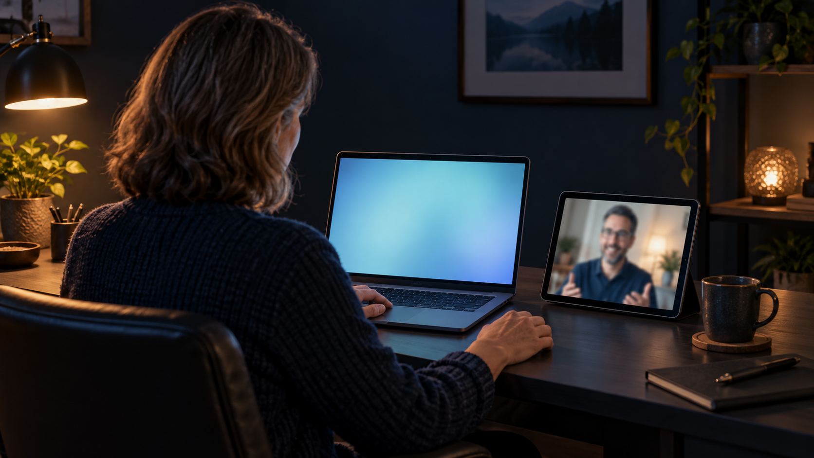 Family member at a home desk speaking with a remote helper beside an unbranded laptop