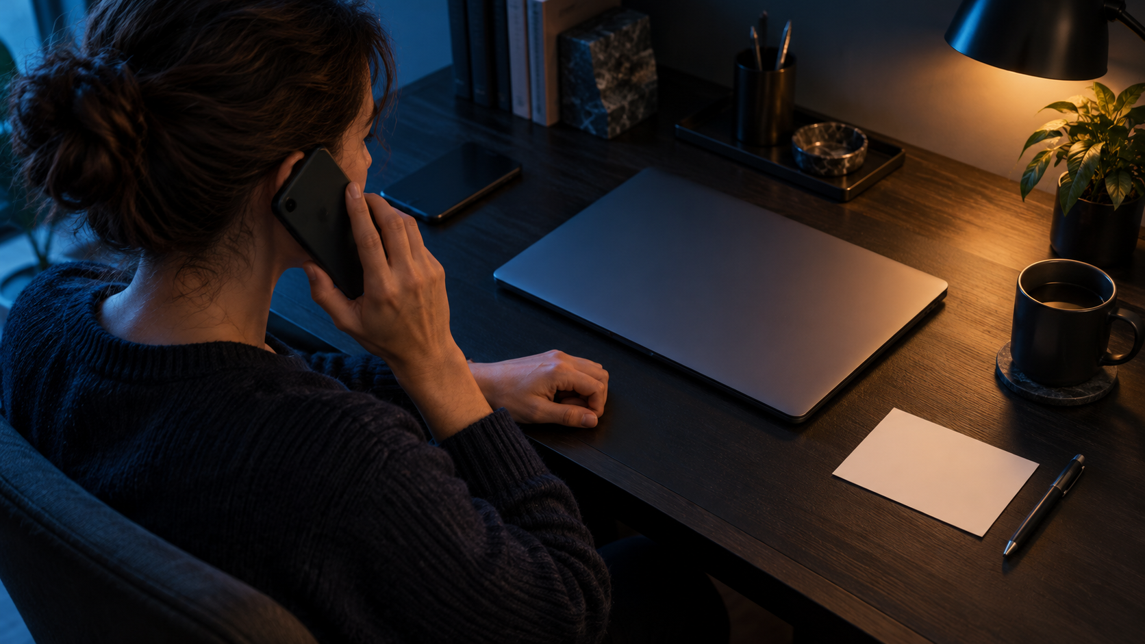 Person calling a trusted helper while the laptop remains closed on a dark desk