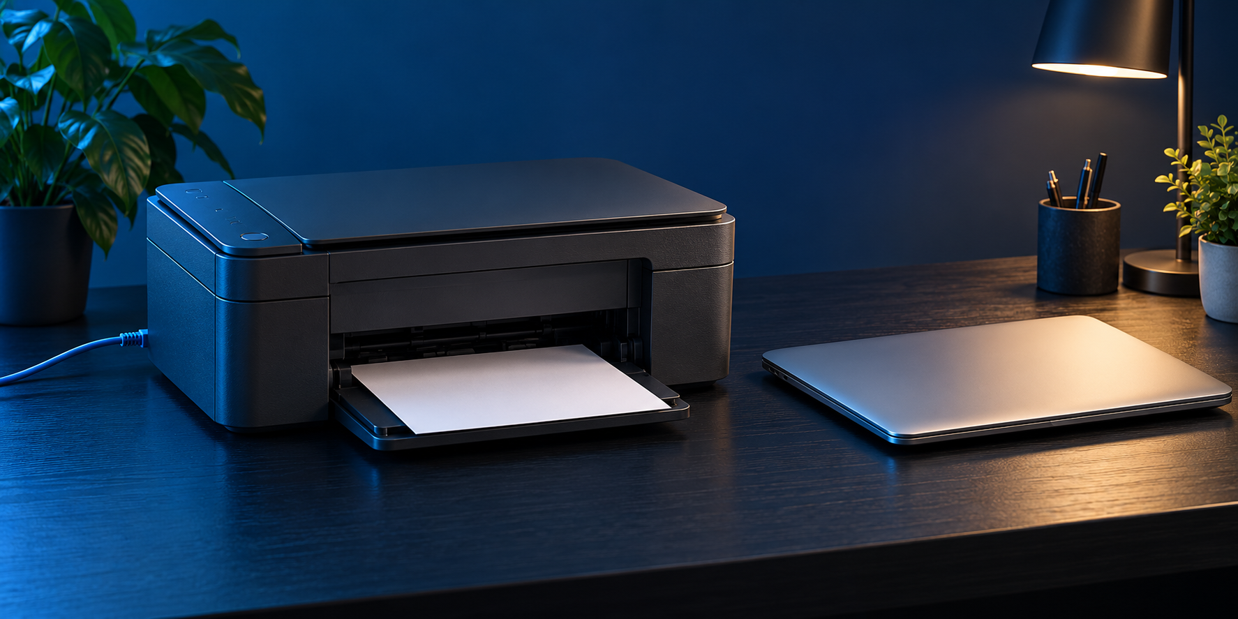 Charcoal multifunction printer with a blank sheet in its output tray beside a closed laptop