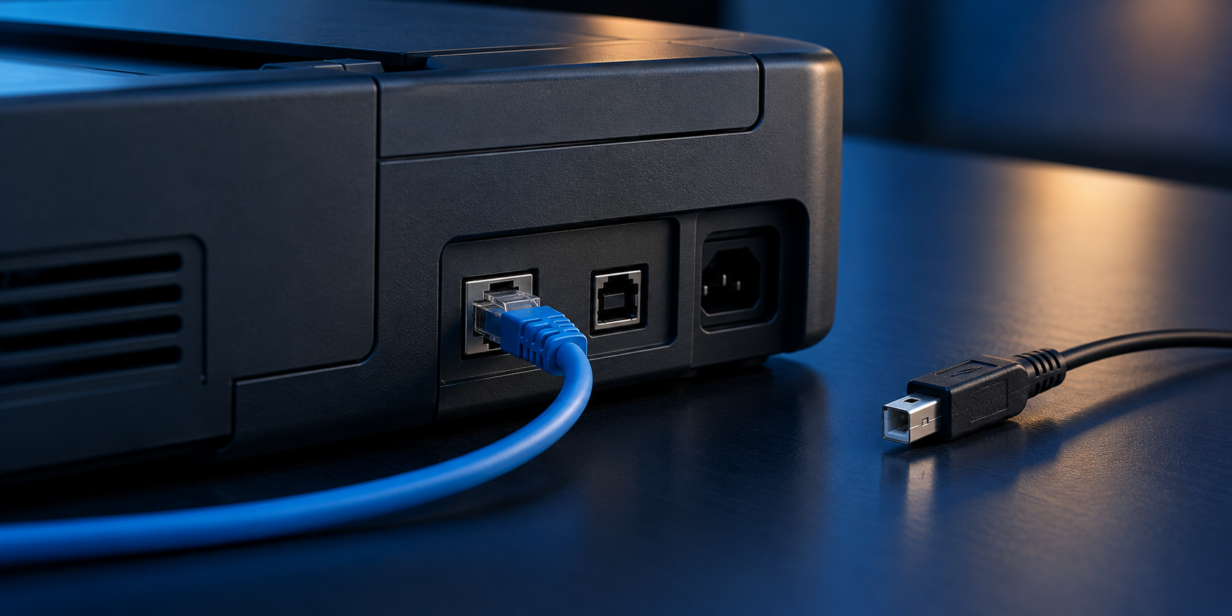 Ethernet cable connected to the rear of a printer, with a disconnected USB cable nearby