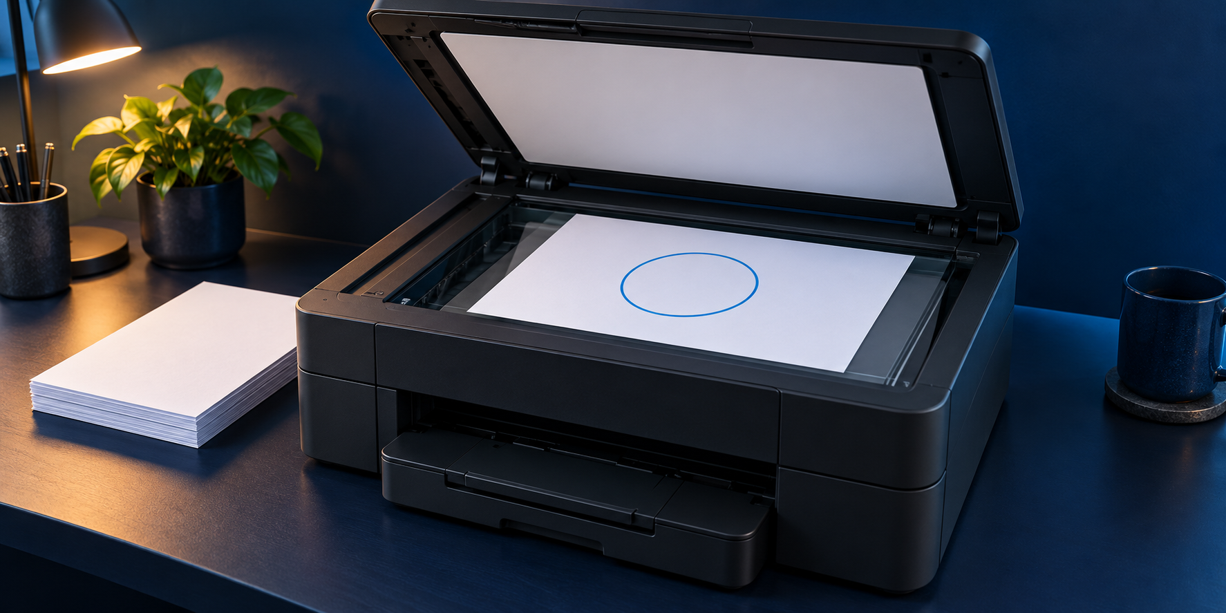 Open flatbed scanner holding a white test sheet with a blue circle beside a stack of blank paper