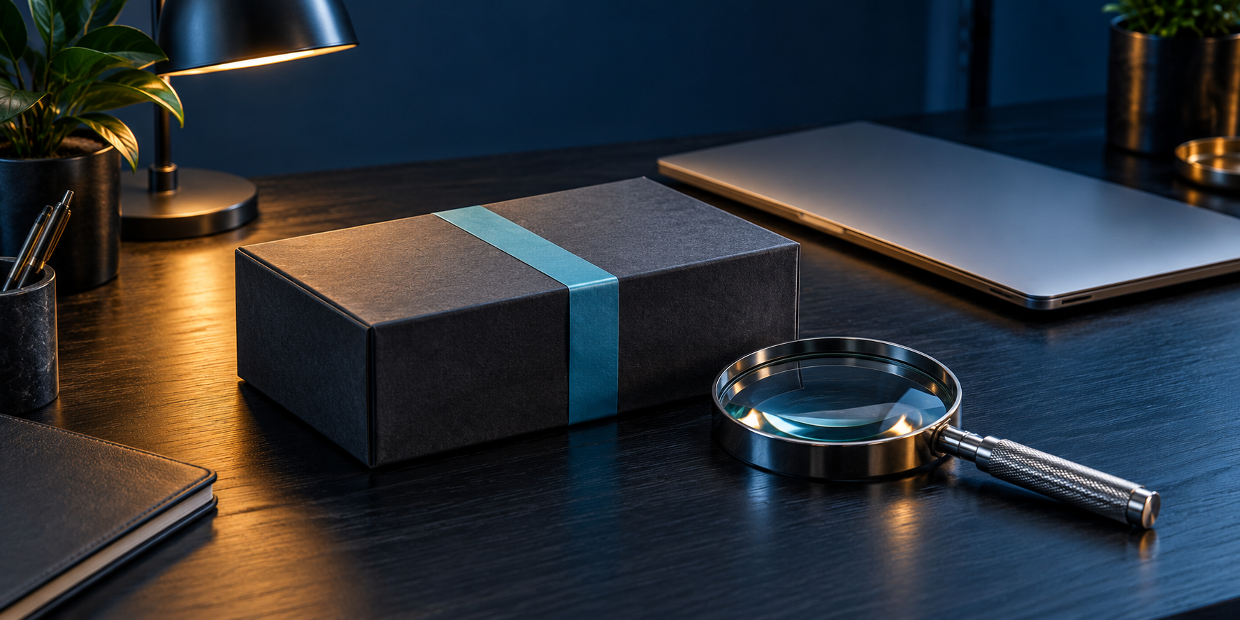 Sealed charcoal package with a cyan band beside a magnifying glass and closed laptop