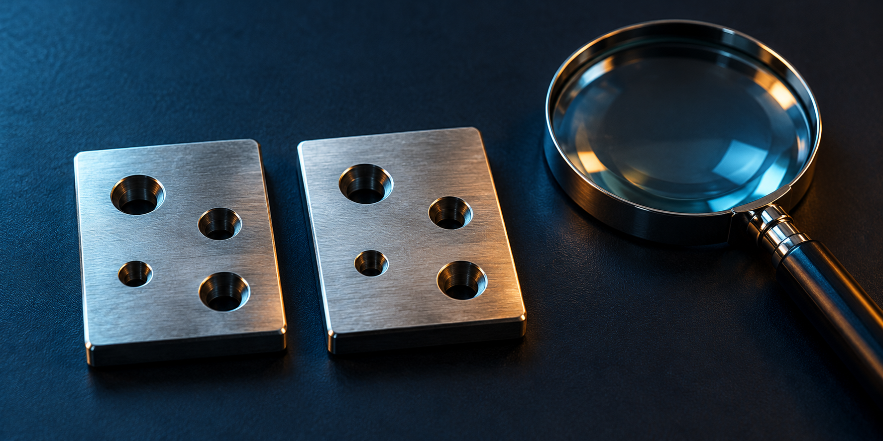Two brushed-metal tiles with matching recessed patterns beside a magnifying glass