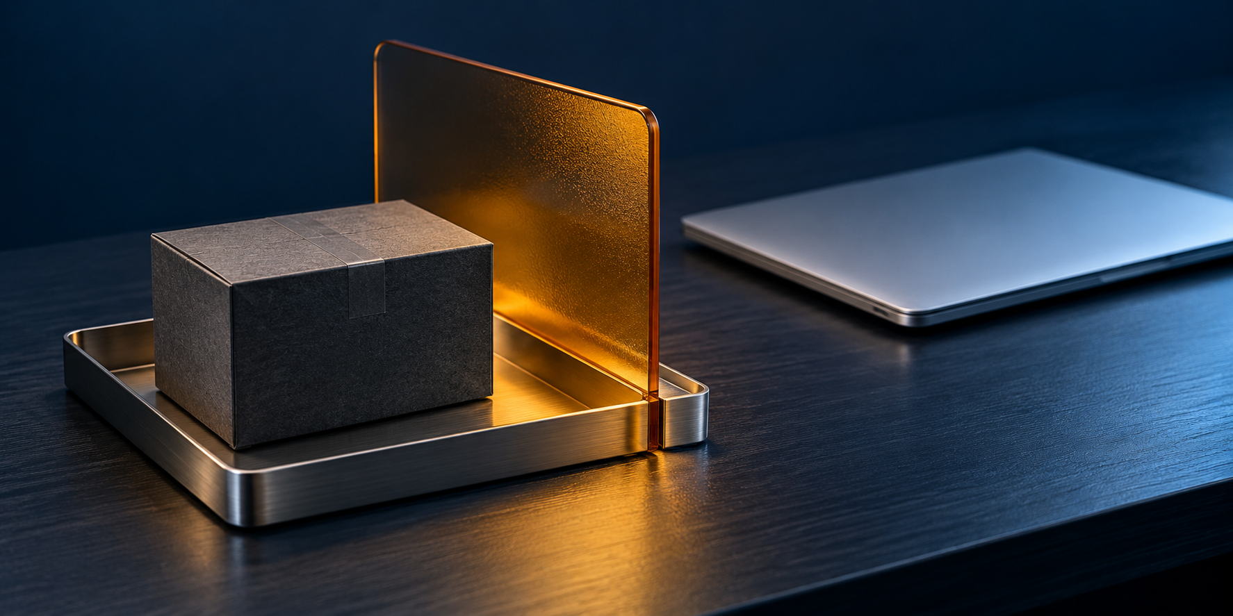 Unopened charcoal package in a metal tray separated from a laptop by an amber glass divider