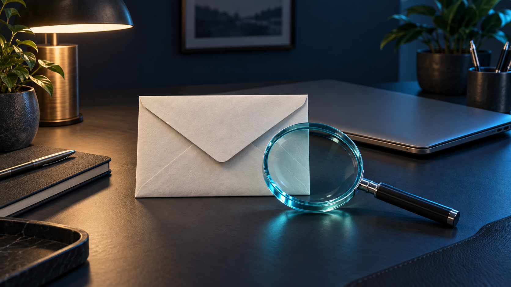 Unmarked envelope beside a cyan magnifying glass and a closed laptop on a dark desk