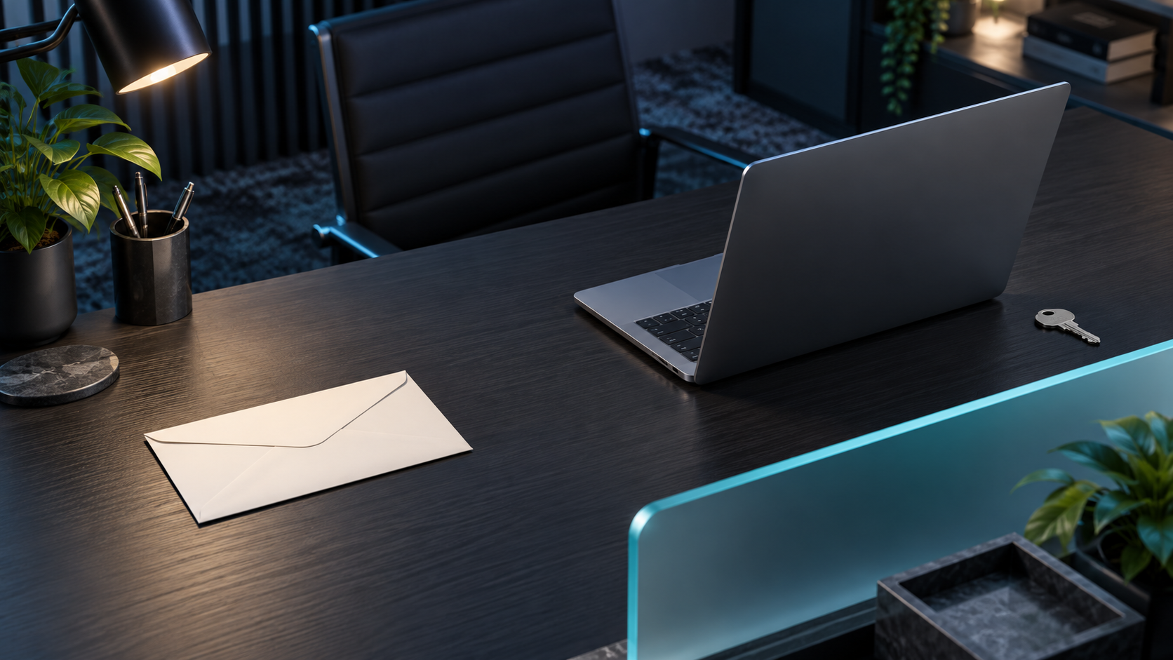 An envelope set apart from an open laptop and a metal key on a dark desk
