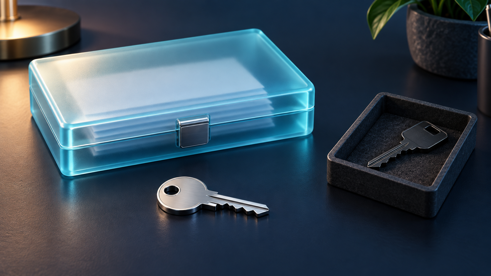 A silver key beside a cyan document case, with a second key separated into a dark tray